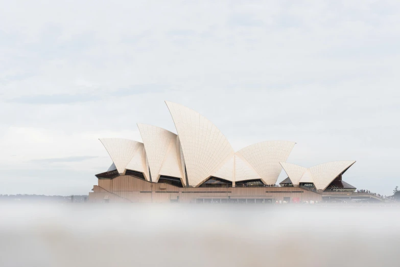 a view of the sydney opera house from across the water, pexels contest winner, australian tonalism, delicate fog, 9 9 designs, sandstone, ochre