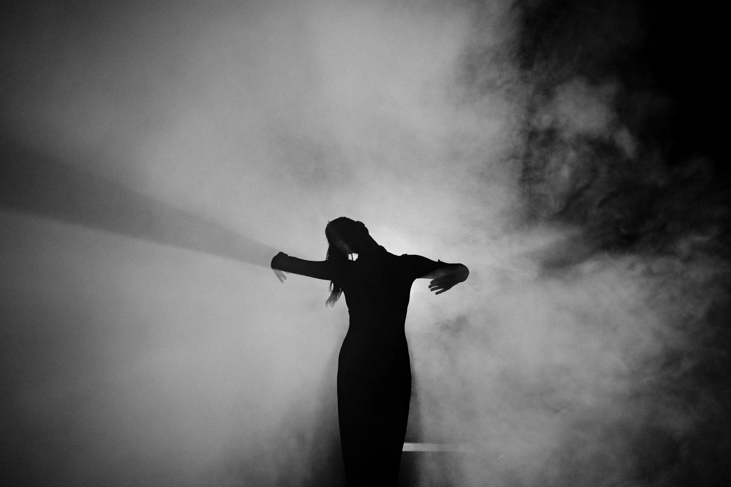 a person that is standing in the fog, a black and white photo, by Caroline Mytinger, pexels contest winner, conceptual art, woman silhouette, concert, evil pose, francis goya