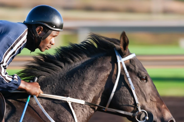 a man riding on the back of a brown horse, pexels contest winner, spherical black helmets, on a racetrack, profile image, black