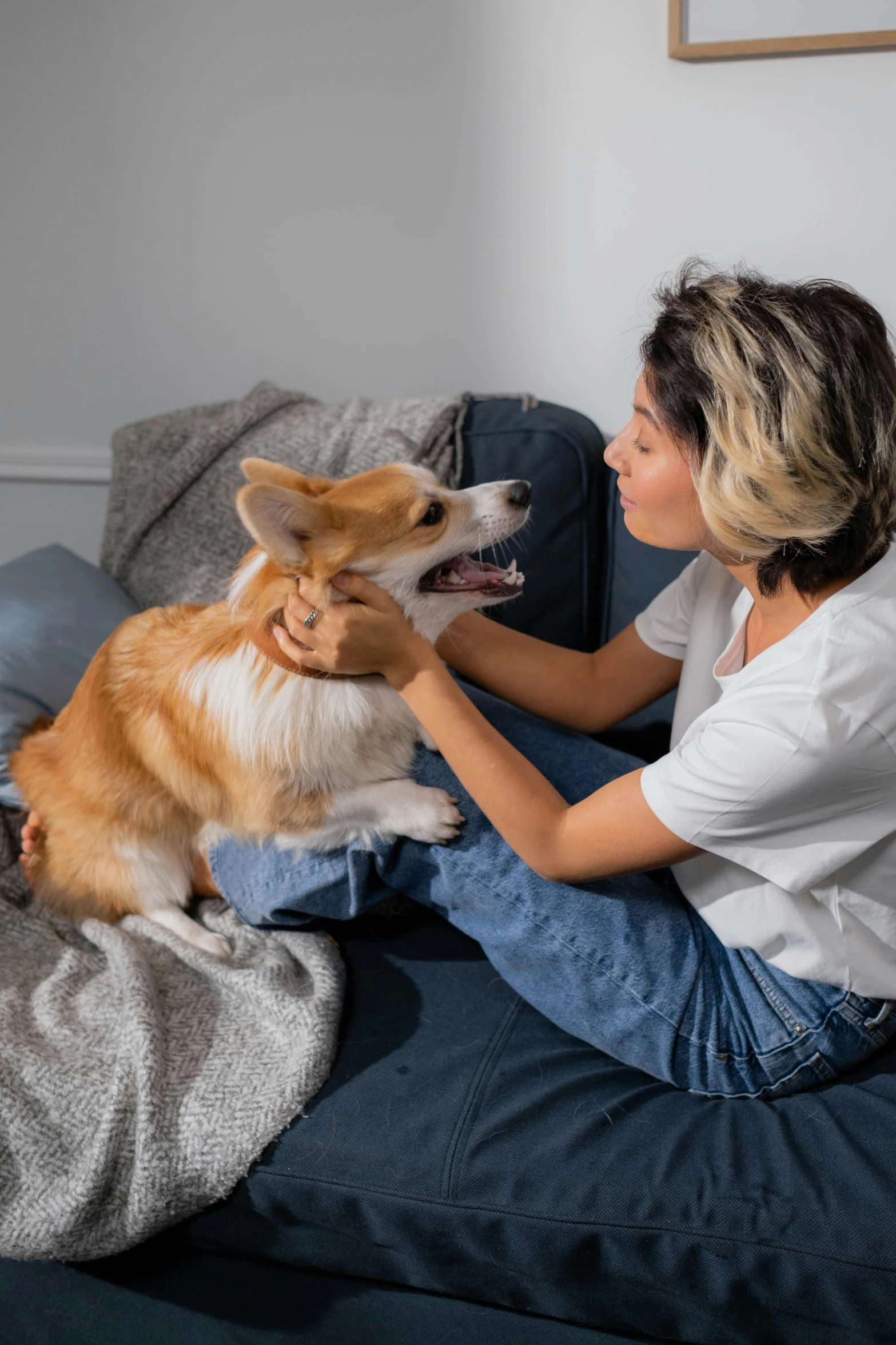 a woman sitting on a couch petting a dog, trending on pexels, corgi, anatomy, profile image, digital image