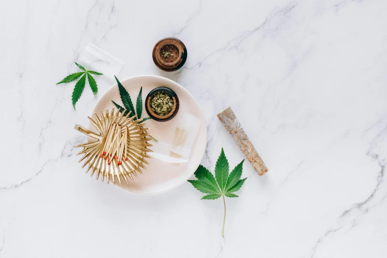 a white plate sitting on top of a marble counter, a still life, inspired by Mary Jane Begin, trending on pexels, smoking a joint, natural materials, acupuncture treatment, made of leaves