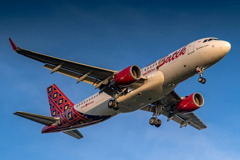 a large jetliner flying through a blue sky, by Wayne England, pexels contest winner, arabesque, tribal red atmosphere, pink and red colors, aztec, posed