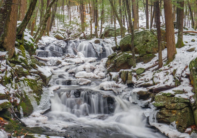 a stream running through a forest covered in snow, inspired by Asher Brown Durand, unsplash contest winner, floating waterfalls, wet rocks, photo 4k, 2000s photo