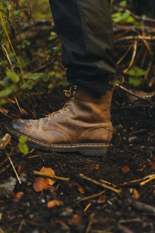 a person standing in the woods wearing brown boots, rugged textured face, promo image, iconic scene, multiple stories