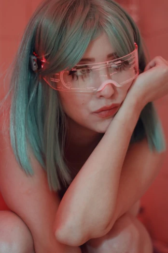 a woman with green hair and glasses sitting on a toilet, inspired by Elsa Bleda, aestheticism, e - girl, profile image, goggles on forehead, red tint