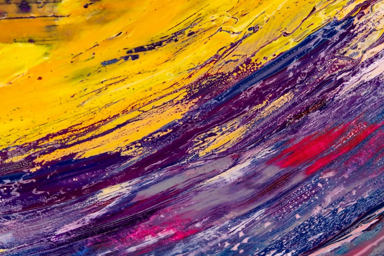 a close up of a painting of a wave, a detailed painting, inspired by Shōzō Shimamoto, trending on pexels, lyrical abstraction, yellow purple, beautiful art uhd 4 k, large diagonal brush strokes, glossy paint