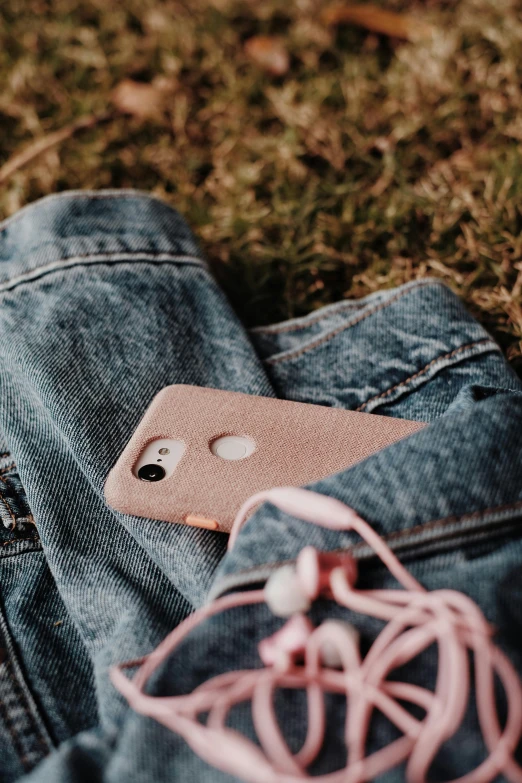 a cell phone sitting on top of a pair of jeans, trending on pexels, pale pink grass, silicone cover, wearing jacket, cardboard