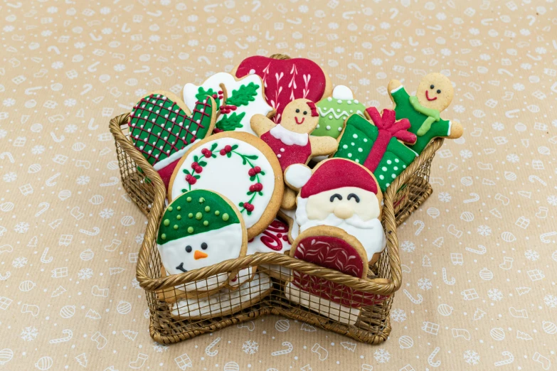 a basket filled with christmas cookies on top of a table, medium angle, product shot, multicoloured, large