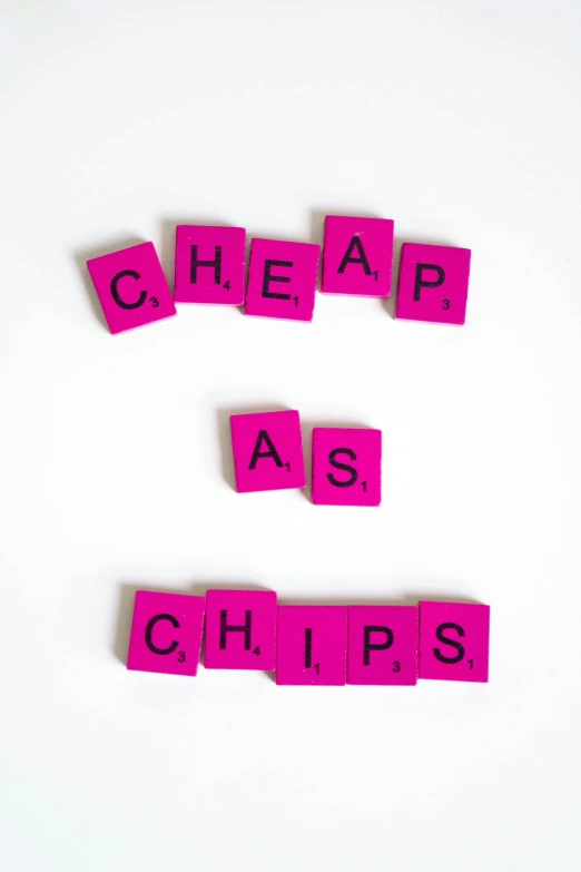 a pink sign that says cheap as chips, unsplash, 2 5 6 x 2 5 6 pixels, computer chips, on a pale background, fiona staples