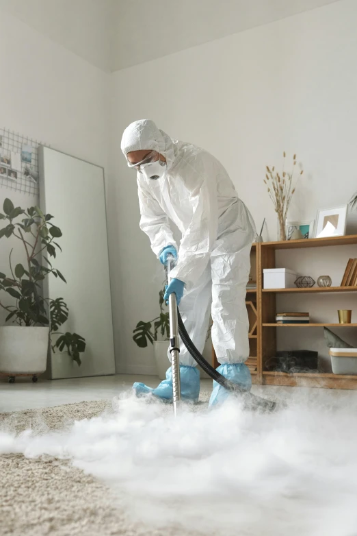 a man in a hazmat suit vacuums a carpet, shutterstock, process art, smoke machine, thumbnail, sterile minimalistic room, gif