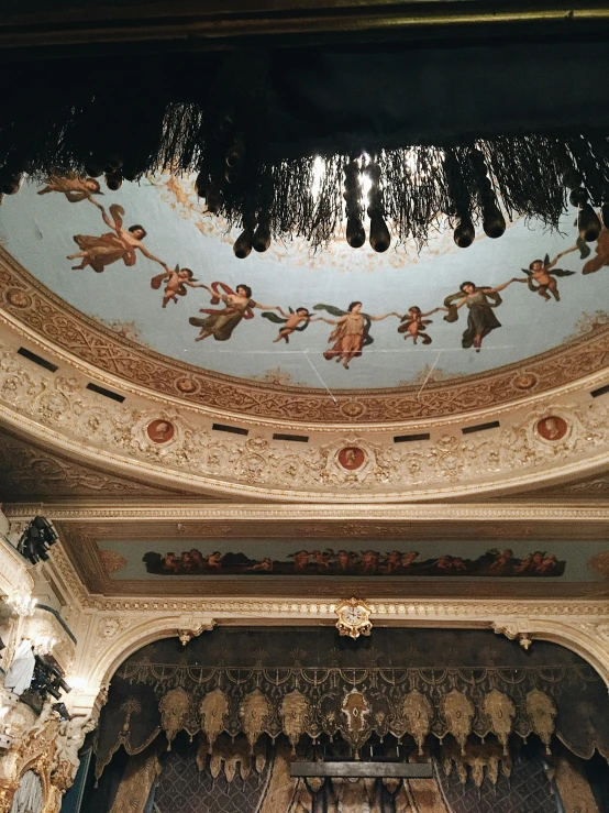 a painting on the ceiling of a building, an album cover, inspired by Anna Füssli, trending on unsplash, rococo, footage of a theater stage, 2 5 6 x 2 5 6 pixels, ornate details, ( ( theatrical ) )