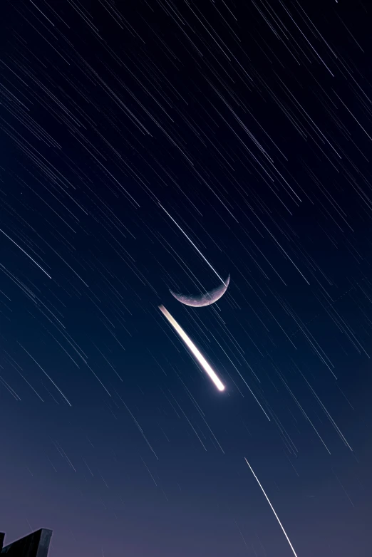 a plane flying over a building under a star filled sky, by Breyten Breytenbach, hurufiyya, streaks of dust, halfmoon in space, high quality photo, cinematic shot ar 9:16 -n 6 -g