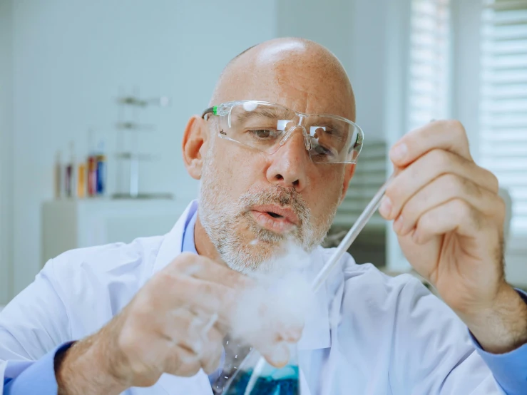 a close up of a person in a lab coat, pexels contest winner, blippi, viscous smoke, bald, youtube thumbnail