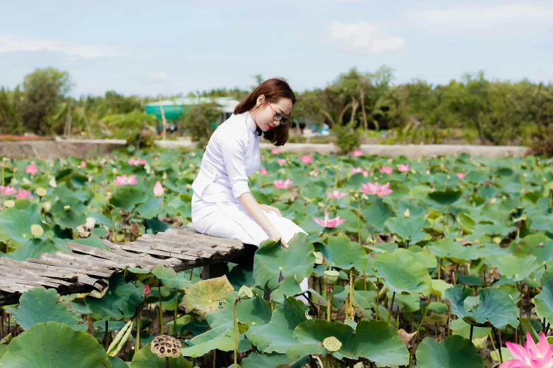 a woman sitting on top of a wooden bridge in a field of flowers, inspired by Cui Bai, standing gracefully upon a lotus, phuoc quan, paradise garden massage, festival