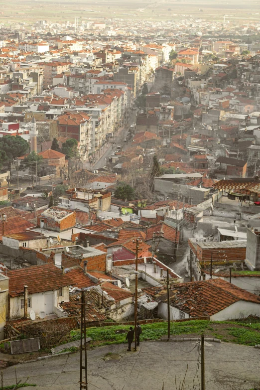 a view of a city from the top of a hill, inspired by Almada Negreiros, renaissance, photograph from above, rainy, tiled roofs, brown