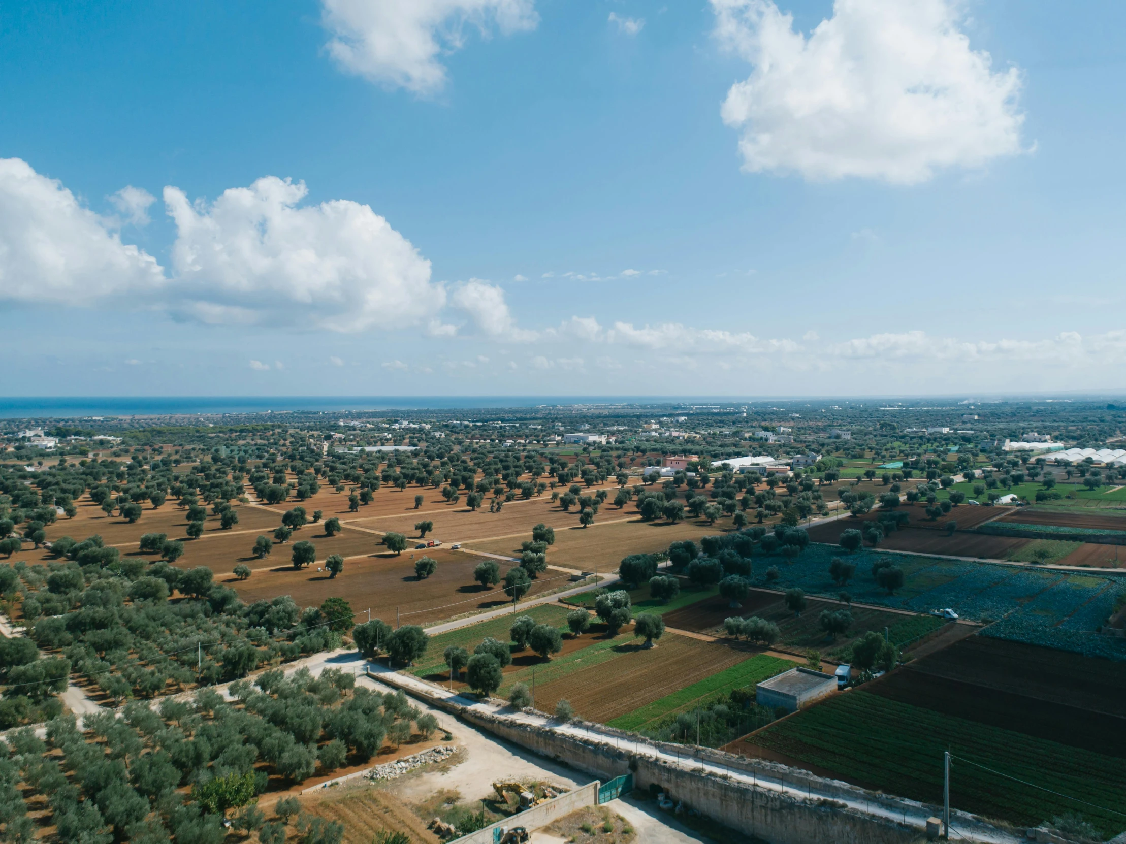 an aerial view of a field with trees, pexels contest winner, hurufiyya, apulia, helicopter footage over city, views to the ocean, high resolution image