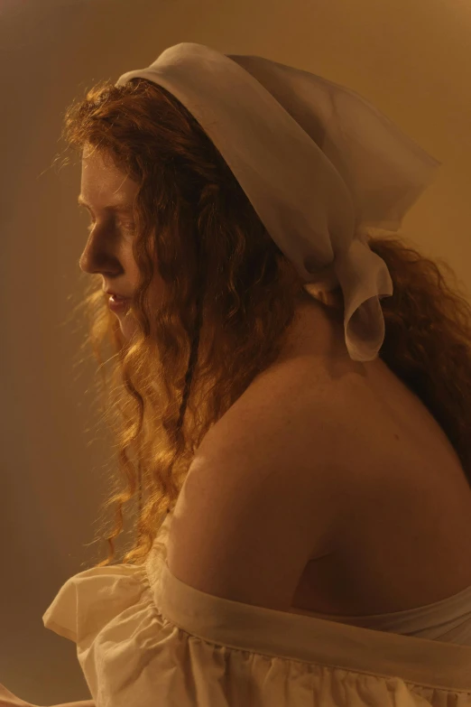 a woman in a white dress holding a glass of wine, an album cover, inspired by Pierre Auguste Cot, renaissance, ginger wavy hair, showstudio, film still from the movie, wearing a veil