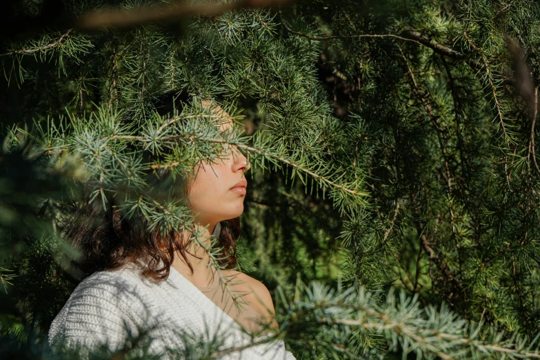 a woman standing in the middle of a forest, inspired by Elsa Bleda, trending on unsplash, laying under a tree on a farm, evergreen branches, profile image, close up portrait photo