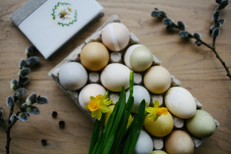 a bunch of eggs sitting on top of a wooden table, inspired by Eden Box, unsplash, edible flowers, full product shot, green