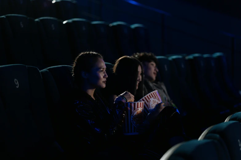 a group of people sitting in a movie theater, at night, in the evening