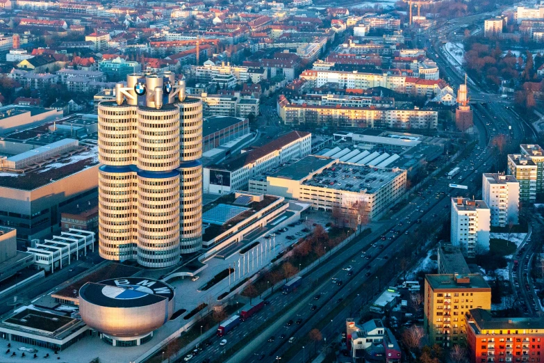 an aerial view of a city with tall buildings, by Thomas Häfner, flickr, bauhaus, bmw, palast der republik in berlin, silo, istock