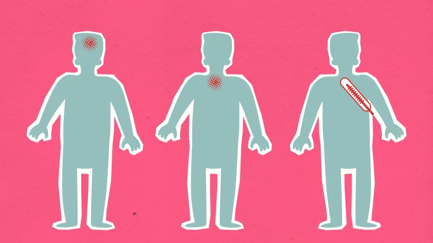 a couple of men standing next to each other, a cartoon, by Meredith Dillman, pexels, conceptual art, pink body, virus, 3 - piece, medical diagram