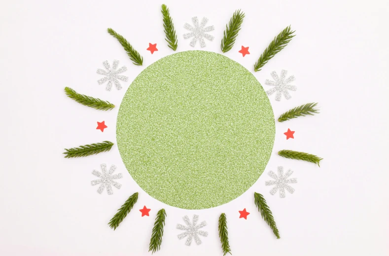 a green circle surrounded by fir trees and snowflakes, inspired by Art Green, trending on pexels, land art, shinning stars, sustainable materials, on a pale background, the grinch