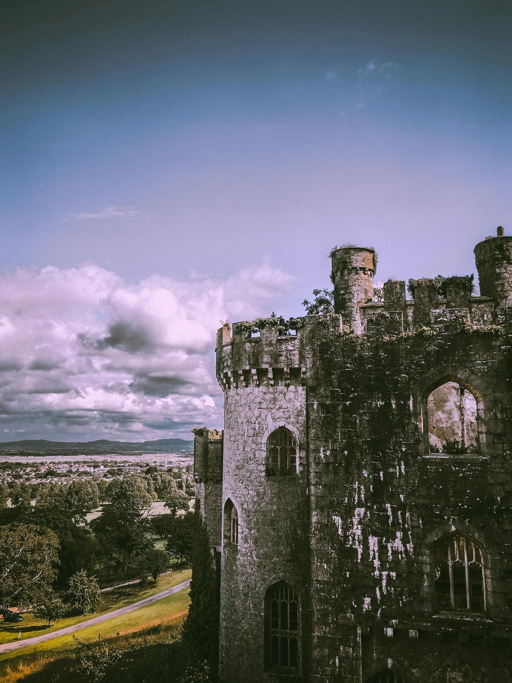 a castle sitting on top of a lush green hillside, an album cover, pexels contest winner, high walls, panoramic view, grey, autochrome