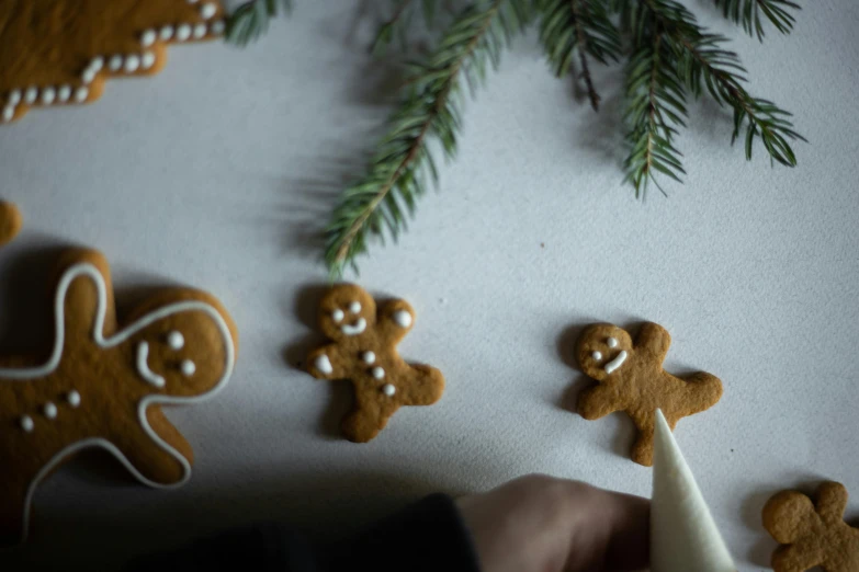 a person is decorating ginger cookies on a table, by Emma Andijewska, pexels contest winner, 3 figures as winter spirits, ignant, hunting, helsinki