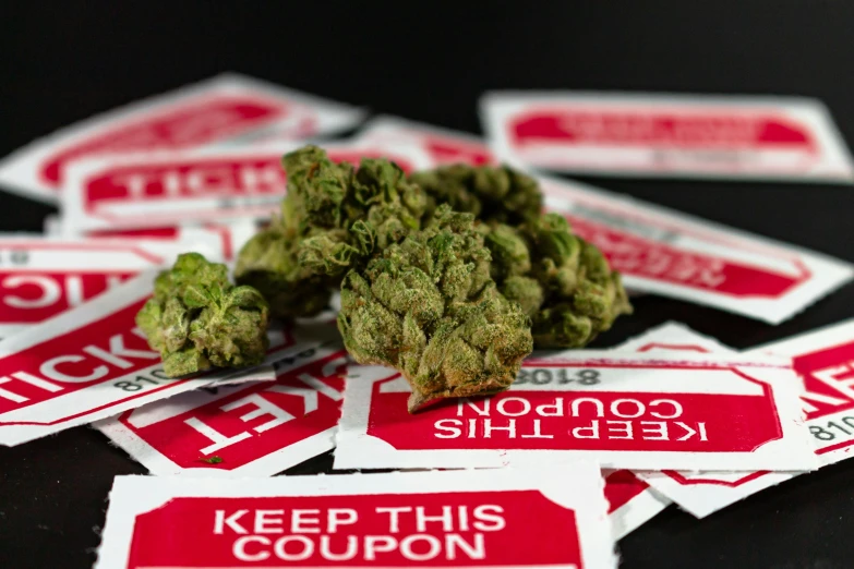 a bunch of stickers sitting on top of a table, cannabis, faked ticket, promo image, staples