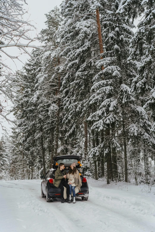 a group of people sitting in the back of a truck in the snow, by Jaakko Mattila, pexels contest winner, romanticism, pine forests, car, low quality photo, couple