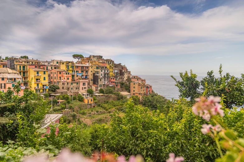 a group of buildings sitting on top of a lush green hillside, by Carlo Martini, pexels contest winner, renaissance, next to the sea, overgrown with flowers, draped in pink and green robes, panoramic