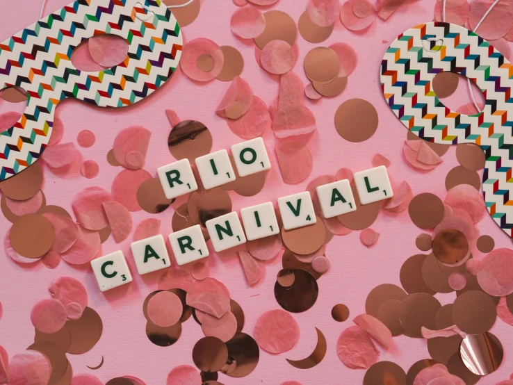 a pink table topped with lots of confetti, an album cover, pexels contest winner, brazil carnival, lettering, rio de janeiro, made of all white ceramic tiles