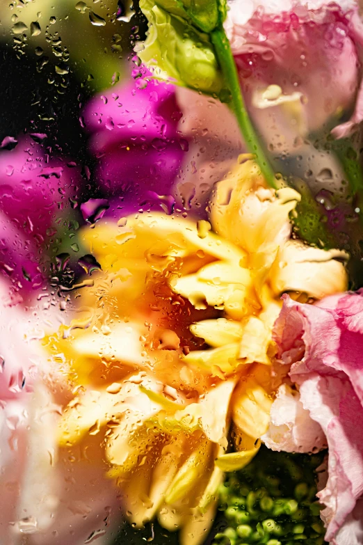 a close up of a bunch of flowers in a vase, inspired by Jeff Koons, romanticism, dramatic rain, mat collishaw, pink and yellow, medium close shot