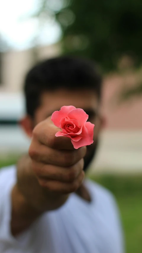 a man holding a pink flower in his hand, by Robbie Trevino, pexels contest winner, sayem reza, threatening pose, jamel shabbaz, natural point rose'