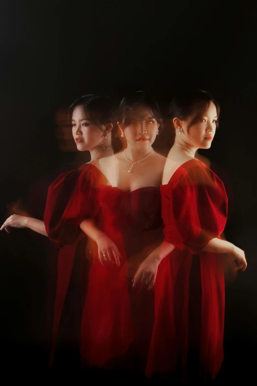 three women in red dresses standing next to each other, an album cover, inspired by Zheng Xie, neo-figurative, diffuse lightpainting, 奈良美智, portrait of the actress, transparent