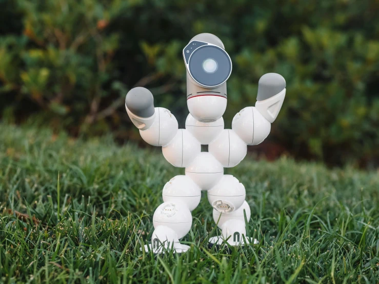 a toy robot that is standing in the grass, an abstract sculpture, inspired by Scott Listfield, unsplash, kinetic art, dabbing, classic 3 d model of molecule, in style of baymax, instagram picture