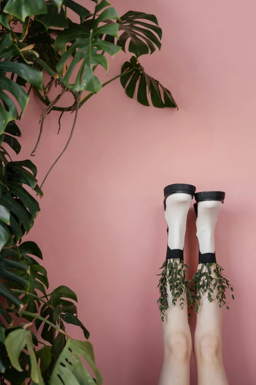 a person laying on top of a bed next to a plant, inspired by Sarah Lucas, trending on unsplash, leather stockings, pink concrete, seen from below, wedding