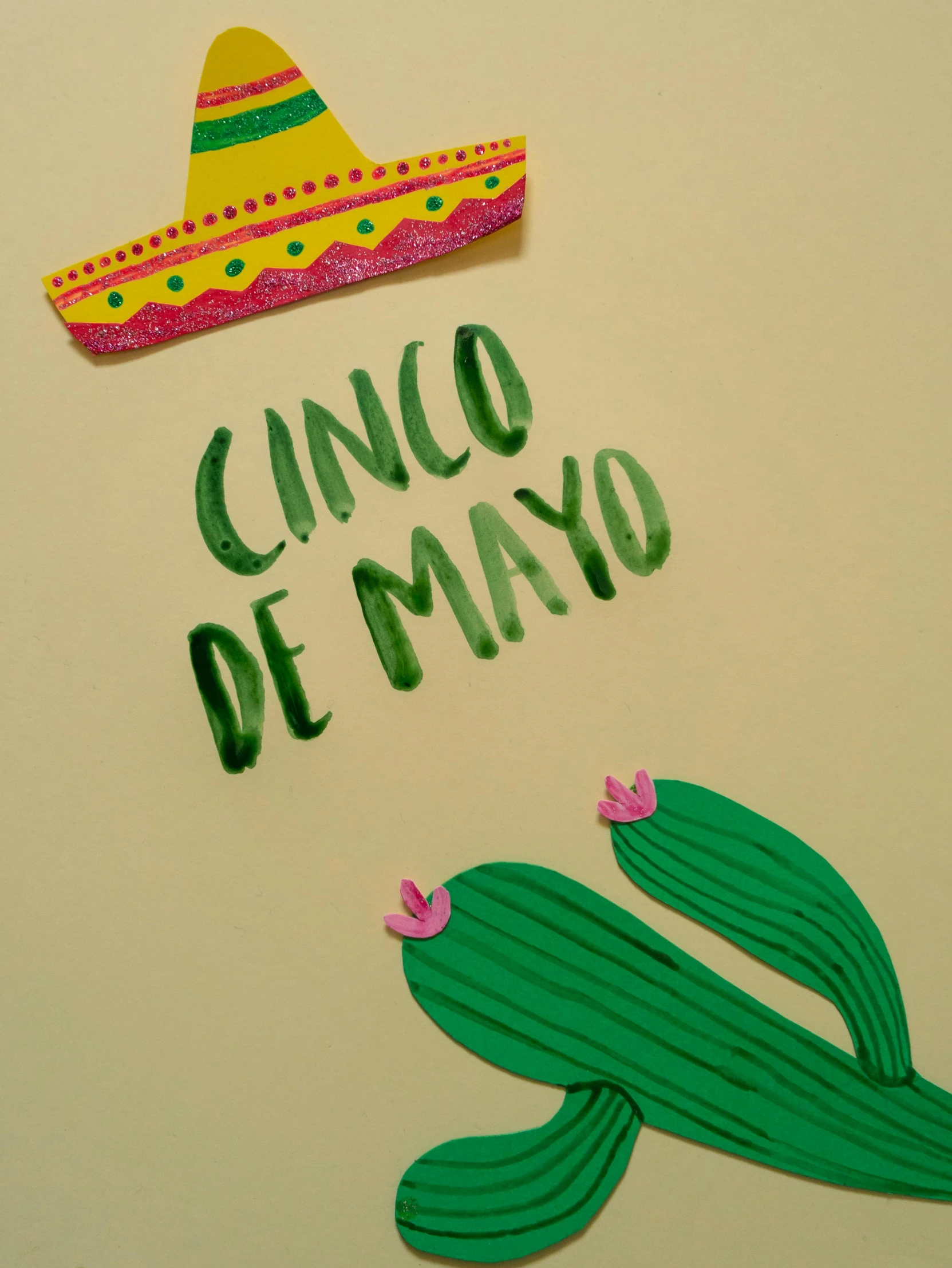 a sign that says cinco de mayo next to a cactus, by Olivia Peguero, pexels contest winner, lyco art, made from paper, sombrero, drawn on paper, high angle close up shot