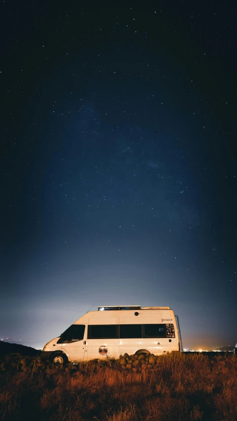 a van that is sitting in the grass, by Matthias Weischer, unsplash contest winner, postminimalism, sky full of stars, 15081959 21121991 01012000 4k, portrait of walter white, star roof