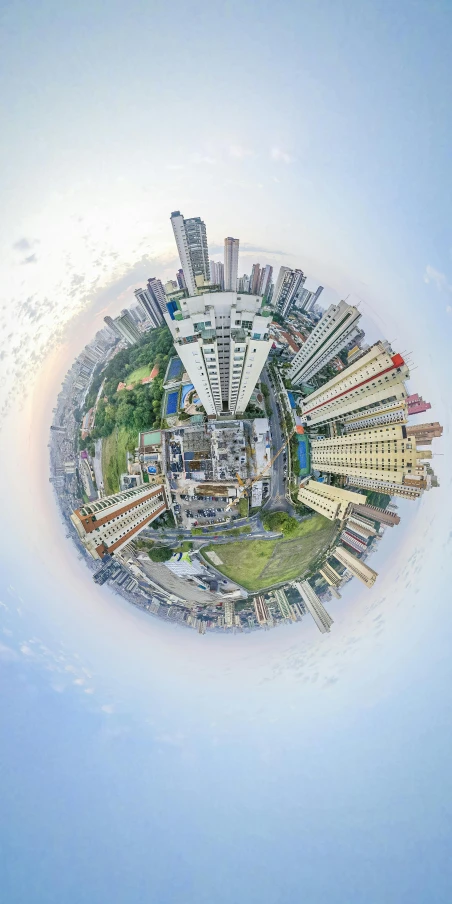 a small planet with buildings in the middle of it, by Matt Stewart, pexels contest winner, panfuturism, kowloon, 360 degree view, the infrastructure of humanity, ilustration