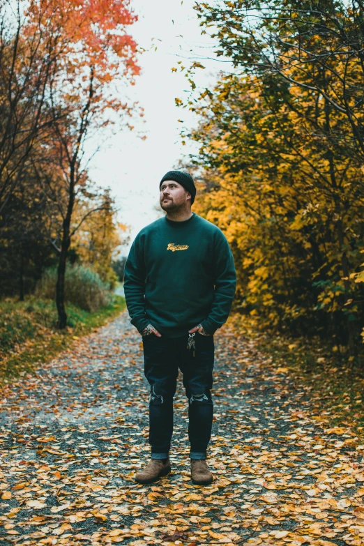 a man standing in the middle of a leaf covered road, by Robbie Trevino, wearing a green sweater, mr beast, green and gold, profile image