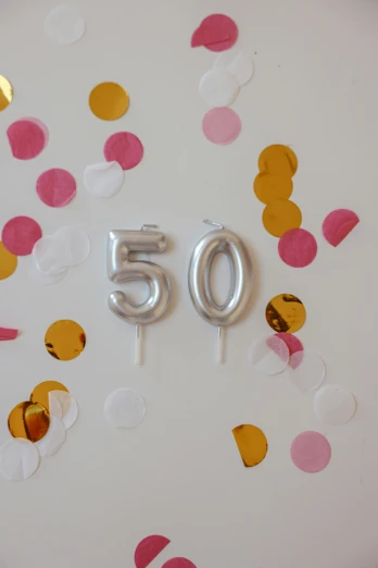 a 50th birthday cake with balloons and confetti, unsplash, satin silver, -step 50, mini model, thumbnail