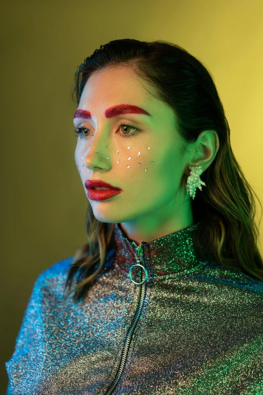 a woman with glitter paint on her face, an album cover, inspired by Julia Pishtar, trending on pexels, holography, gemma chan girl portrait, large eyebrows, cinematic outfit photo, mahira khan as a d&d wizard