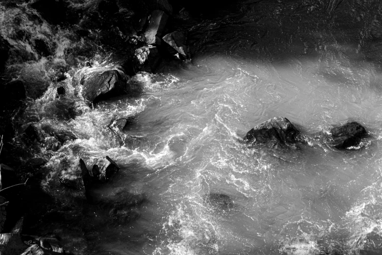 a black and white photo of a river, flickr, lyrical abstraction, glowing water with caustics, birds eye photograph, white water rapids, edvige faini