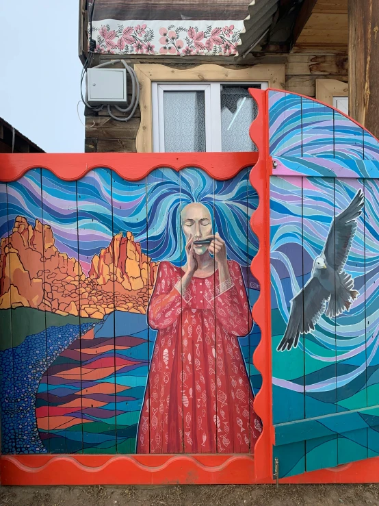 a painting of a woman talking on a cell phone, a surrealist painting, by Terese Nielsen, pexels contest winner, street art, photo of shiprock, massive decorated doors, cottagecore hippie, wall mural