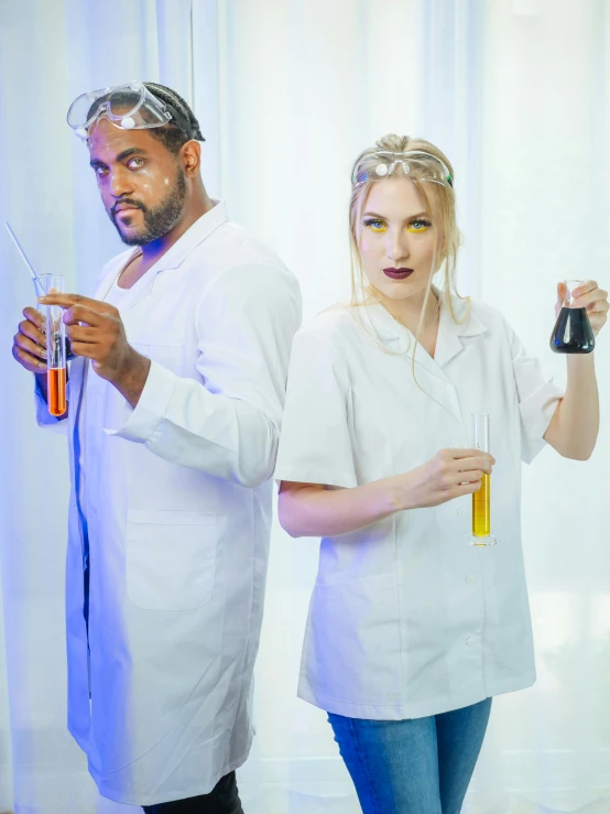 a man and a woman in lab coats holding test tubes, by Julia Pishtar, trending on reddit, renaissance, blonde women, cinematic outfit photo, better known as amouranth, 🚀🌈🤩