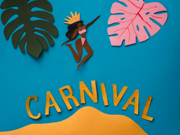 a woman jumping in the air in front of a sign that says carnival, a cartoon, by Julia Pishtar, trending on unsplash, paper cut out, tropical style, high angle close up shot, made of cardboard