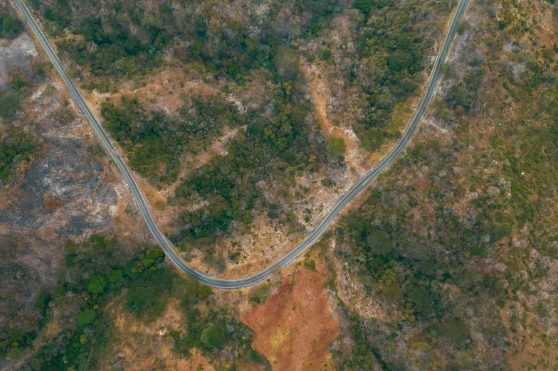 an aerial view of a winding country road, an album cover, pexels contest winner, australian bush, sri lanka, thumbnail, helicopter view