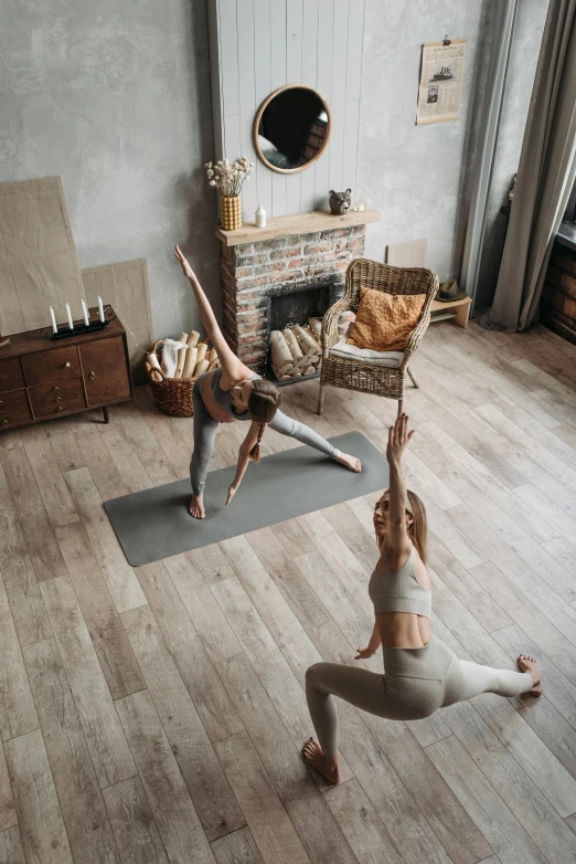 two women doing yoga in a living room, by Adam Marczyński, pexels contest winner, renaissance, slate, multi-part, tall, manuka